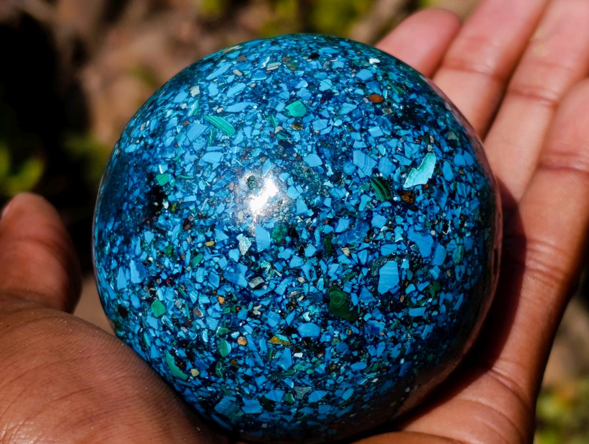 Polished Bright Silica Chrysocolla, Azurite and Malachite Conglomerate Sphere x 1 From Congo