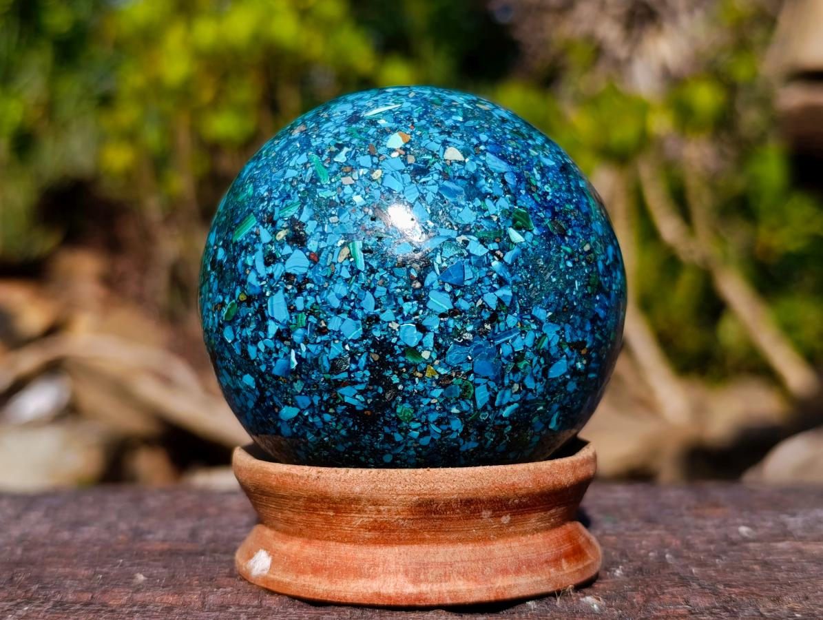 Polished Bright Silica Chrysocolla, Azurite and Malachite Conglomerate Sphere x 1 From Congo