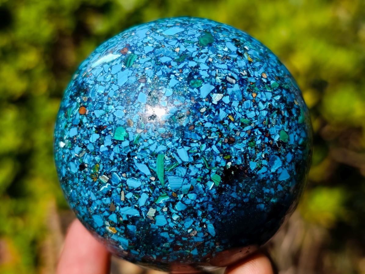 Polished Bright Silica Chrysocolla, Azurite and Malachite Conglomerate Sphere x 1 From Congo