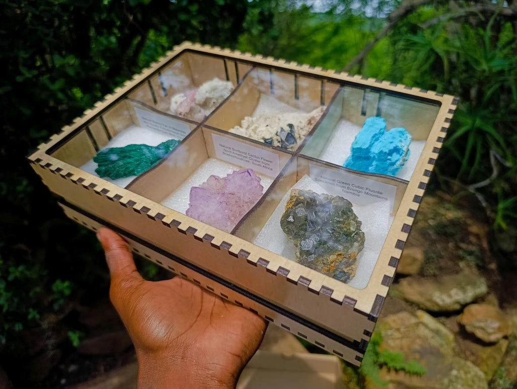 Natural Mixed Collectors Set of 6 African Minerals in a Wooden Display Box x 1 From Southern Africa