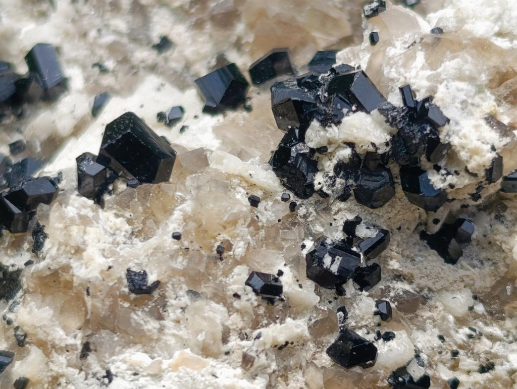Natural Schorl Black Tourmaline Crystals on Feldspar with Fluorescent Hyalite Opal on Top x 1 From Erongo, Namibia