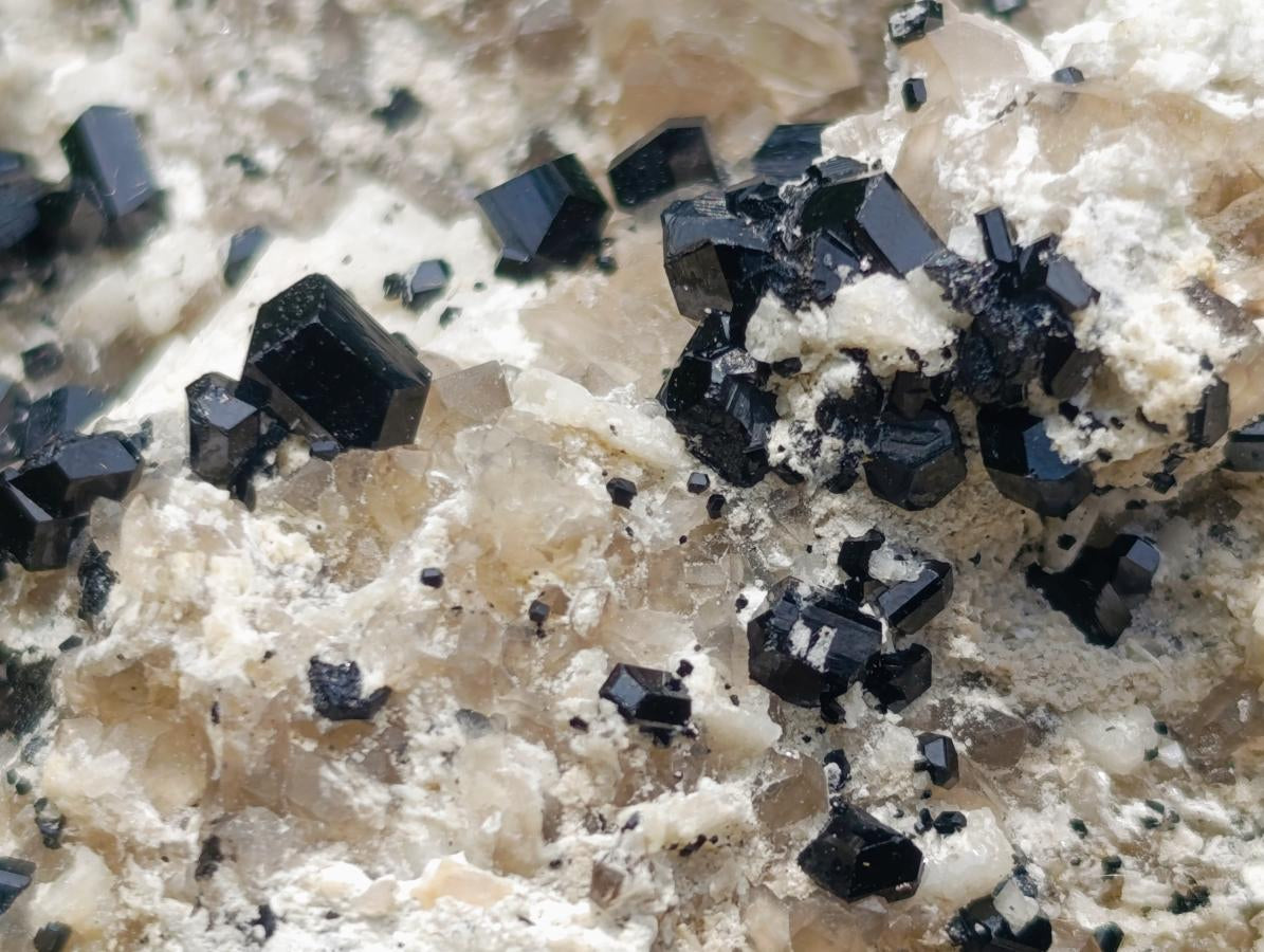 Natural Schorl Black Tourmaline Crystals on Feldspar with Fluorescent Hyalite Opal on Top x 1 From Erongo, Namibia