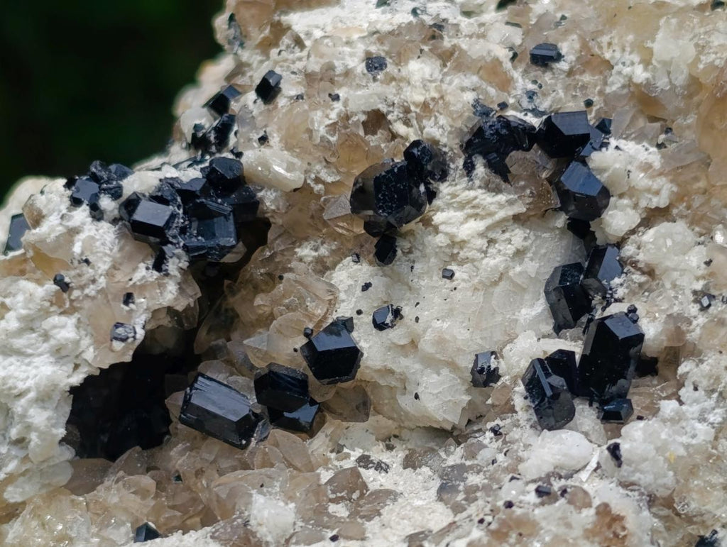 Natural Schorl Black Tourmaline Crystals on Feldspar with Fluorescent Hyalite Opal on Top x 1 From Erongo, Namibia
