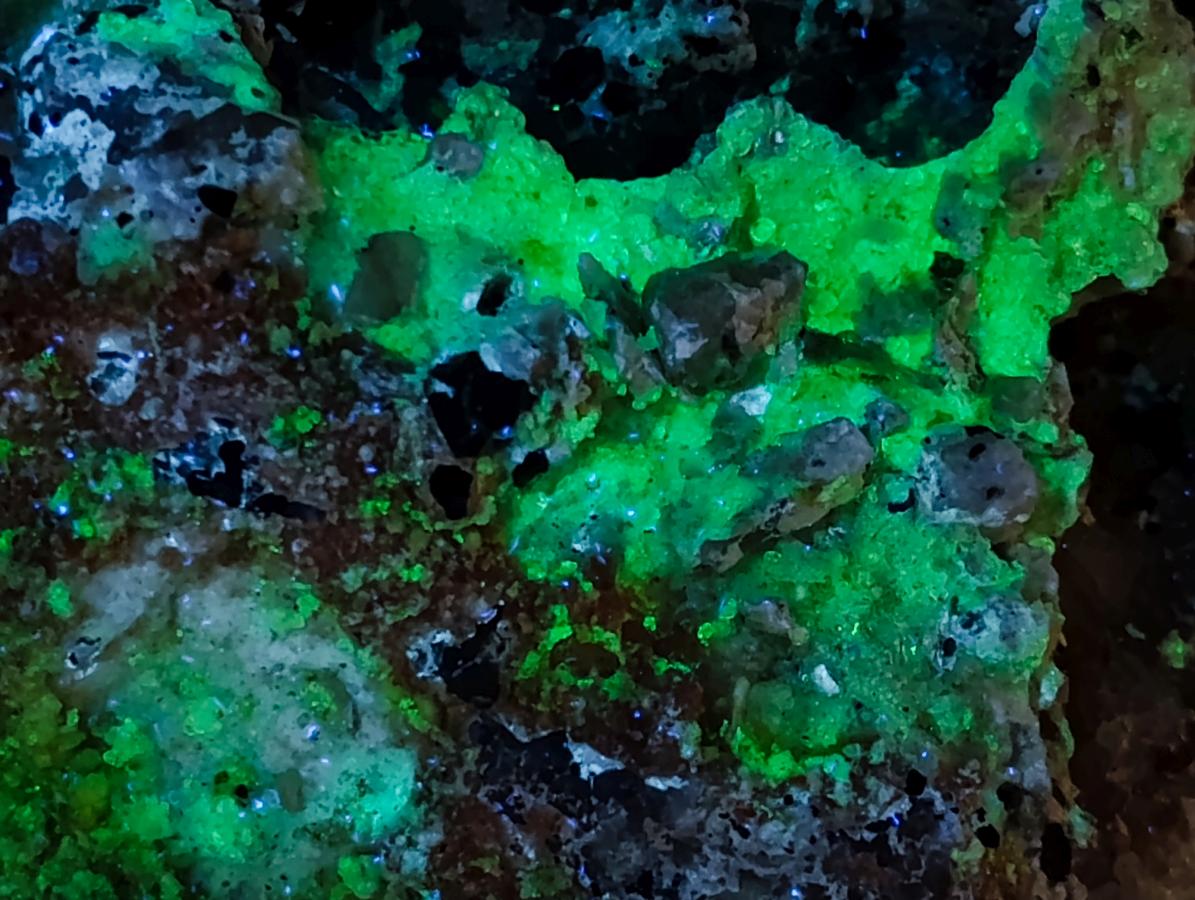 Natural Schorl Black Tourmaline Crystals on Feldspar with Fluorescent Hyalite Opal on Top x 1 From Erongo, Namibia