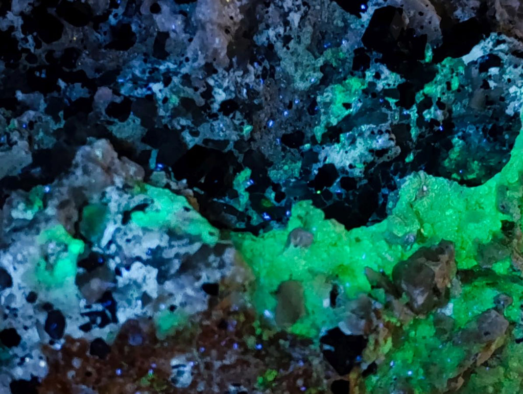 Natural Schorl Black Tourmaline Crystals on Feldspar with Fluorescent Hyalite Opal on Top x 1 From Erongo, Namibia