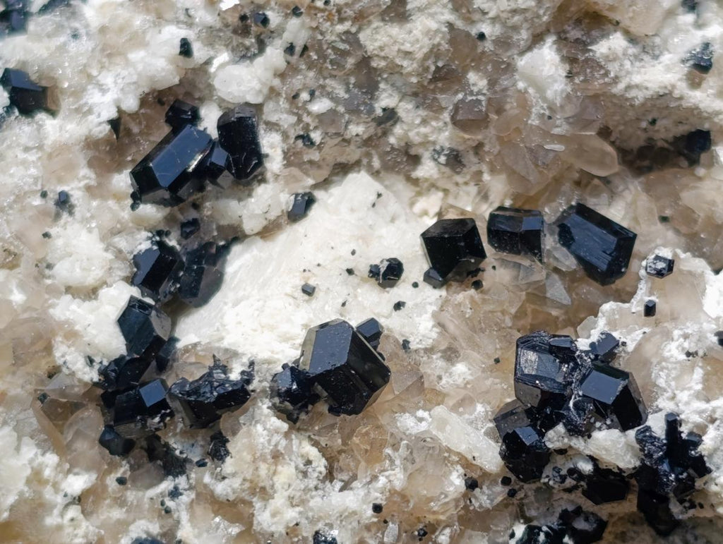 Natural Schorl Black Tourmaline Crystals on Feldspar with Fluorescent Hyalite Opal on Top x 1 From Erongo, Namibia