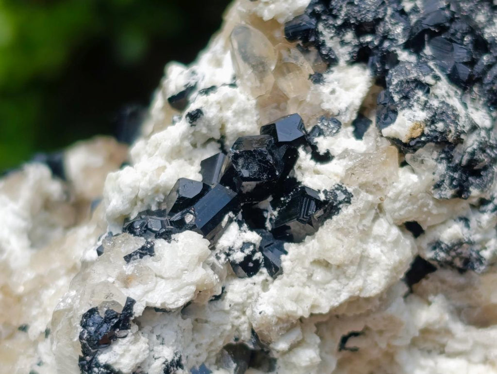 Natural Schorl Black Tourmaline Crystals on Feldspar with Fluorescent Hyalite Opal on Top x 1 From Erongo, Namibia
