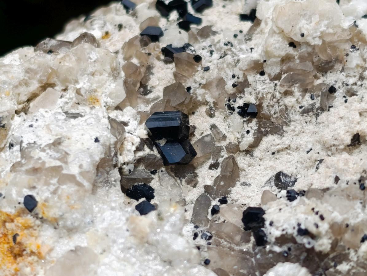 Natural Schorl Black Tourmaline Crystals on Feldspar with Fluorescent Hyalite Opal on Top x 1 From Erongo, Namibia