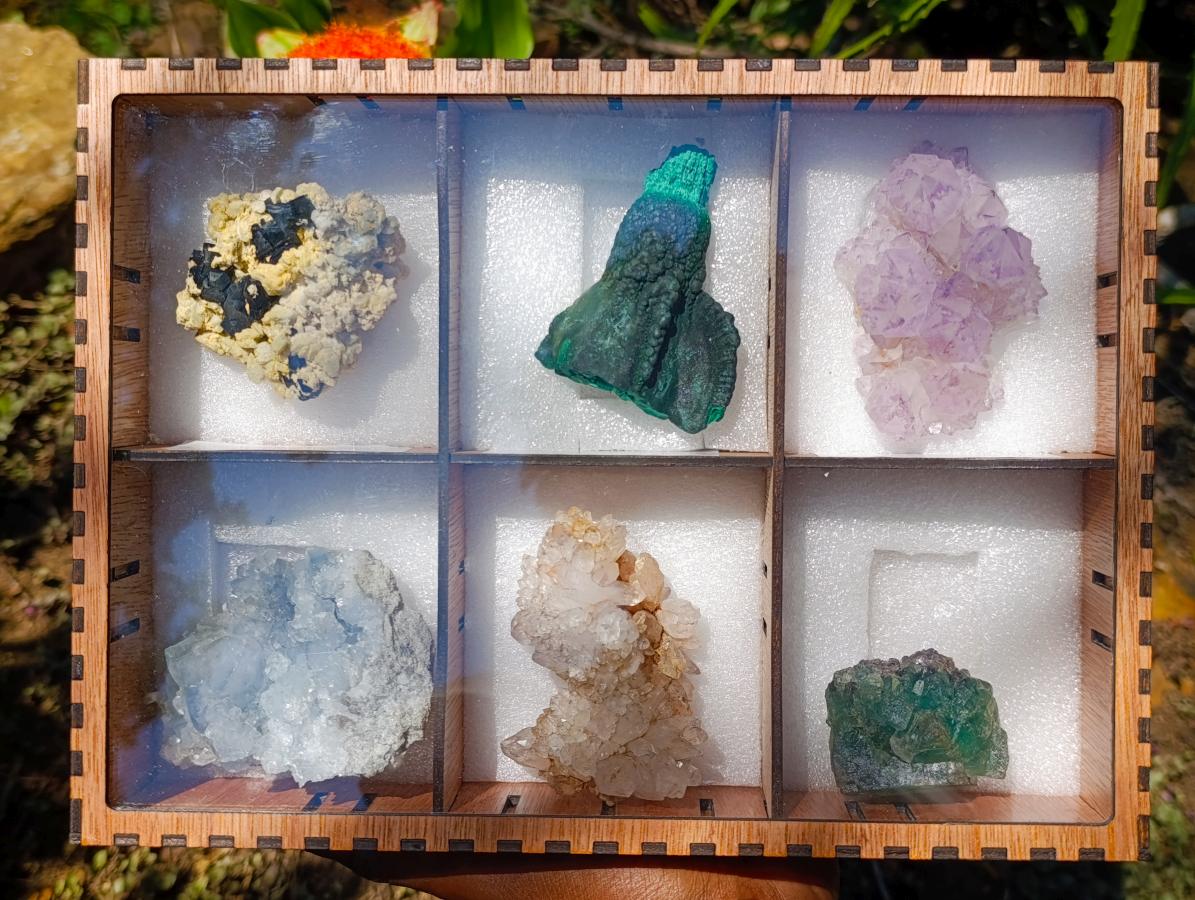 Natural Mixed Collectors Set of 6 African Minerals in a Wooden Display Box x 1 From Southern Africa