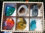 Polished and Natural Mixed Collectors Set of 6 African Gemstones, Fossil and Geode in a Wooden Display Box x 1 From Southern Africa