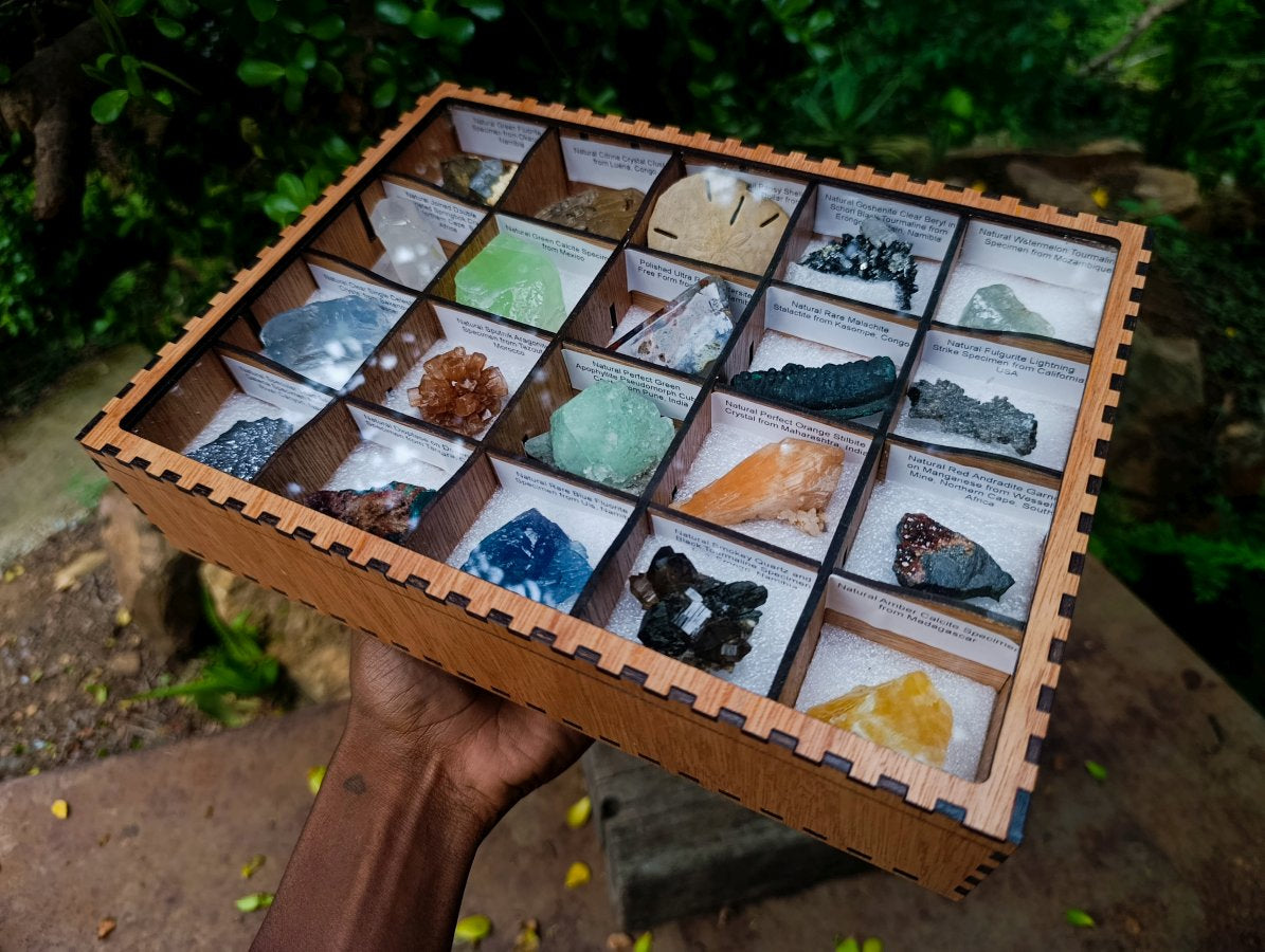 Polished and Natural Mixed Set of 20 African Minerals and Crystals in a Wooden Display Box x 1 From Southern Africa