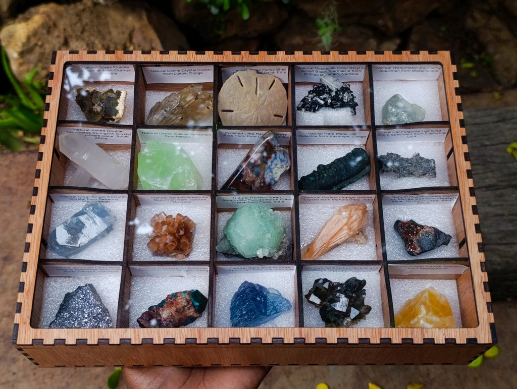 Polished and Natural Mixed Set of 20 African Minerals and Crystals in a Wooden Display Box x 1 From Southern Africa
