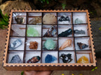 Polished and Natural Mixed Set of 20 African Minerals and Crystals in a Wooden Display Box x 1 From Southern Africa