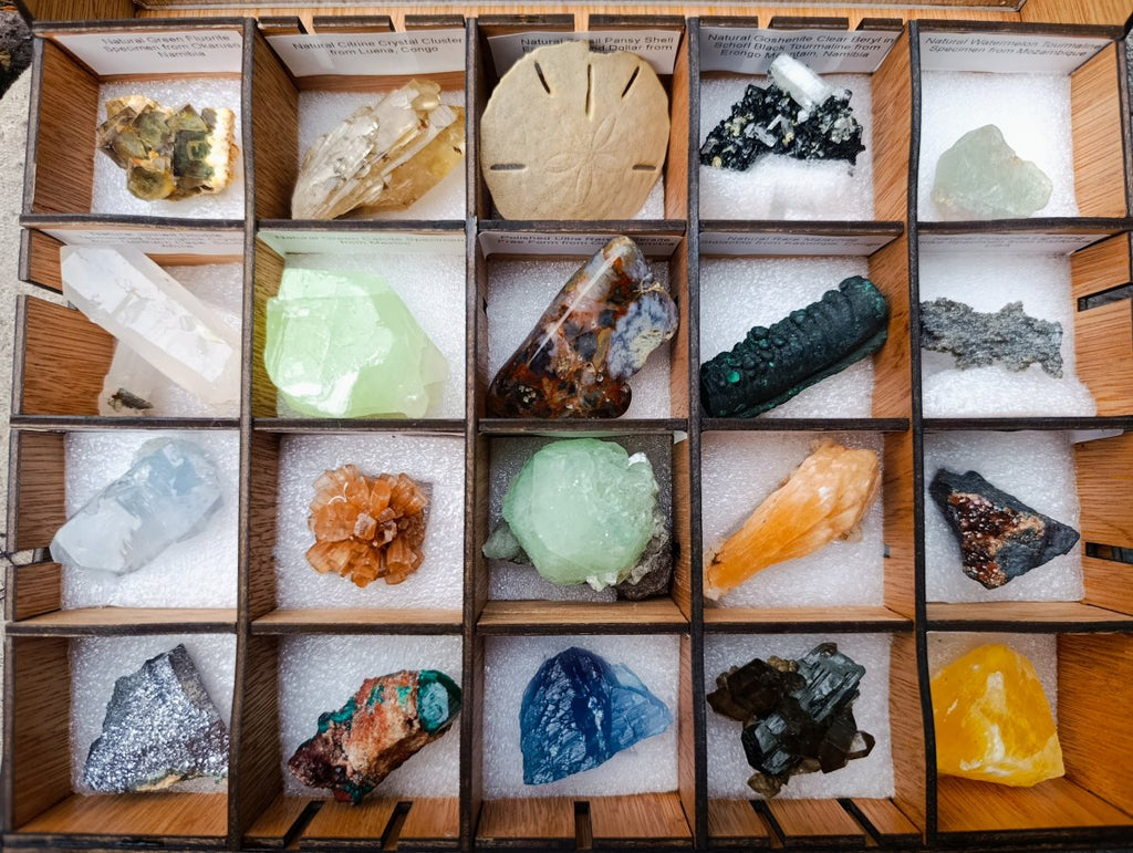 Polished and Natural Mixed Set of 20 African Minerals and Crystals in a Wooden Display Box x 1 From Southern Africa