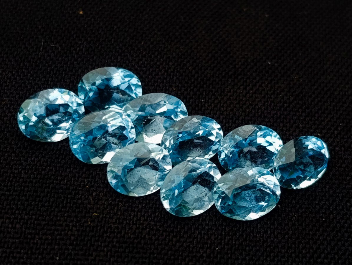 Polished Set of 10 Blue Topaz Faceted Brilliant Oval Cut Stones x 1 From Switzerland