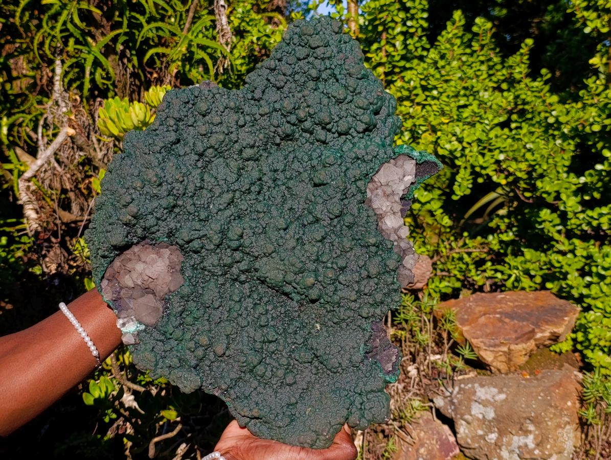 Natural Superb XL Crystalline Botryoidal Malachite Double Sided Floater Specimen with a Metal Display Stand x 1 From Kolwezi, Congo