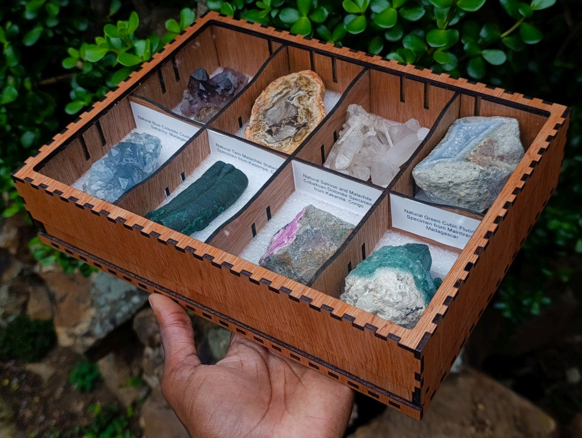 Polished and Natural Mixed Set of 8 African Minerals and Crystals in a Wooden Display Box x 1 From Southern Africa