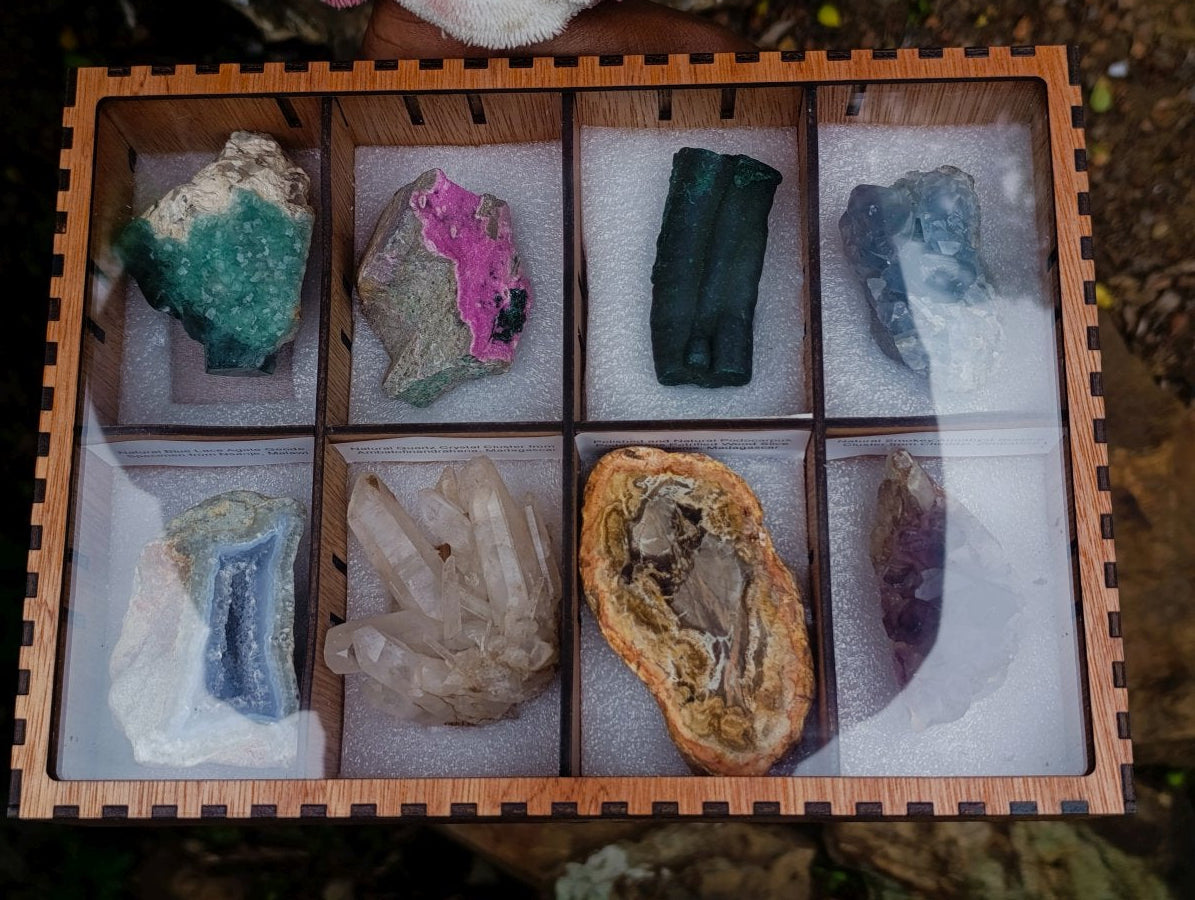 Polished and Natural Mixed Set of 8 African Minerals and Crystals in a Wooden Display Box x 1 From Southern Africa