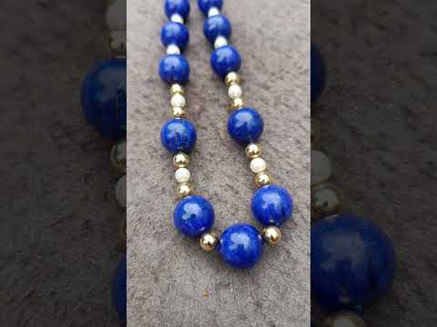 Hand Made Vintage 1980s Lapis Lazuli Pearl and Gold Plated Bead Necklace x 1 From Afghanistan