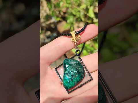 Hand Made Polished Dioptase Free Form in Black Frame Necklace x 1 From Congo