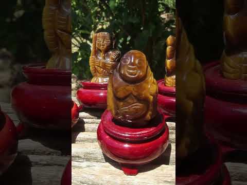 Hand Made Set of The Seven Lucky Gods in Golden Tigers Eye with Wooden Stands x 1 From South Africa