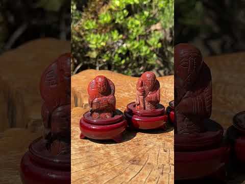 Hand Made Vintage Brecciated Jasper Figurines of the Far Eastern Gods on Wooden Stands In A Set of 7, From South Africa