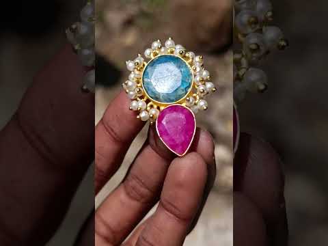 Hand Made Bohemian Art Nouveau Ruby, Blue Apatite and Pearl Drop Earrings x 1 From South Africa