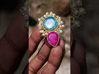 Hand Made Bohemian Art Nouveau Ruby, Blue Apatite and Pearl Drop Earrings x 1 From South Africa