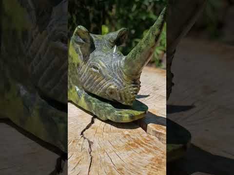 Hand Made Large Pair of Green and Black Spotted Leopard Stone Rhinoceros Bookend Carvings x 1 From Zimbabwe