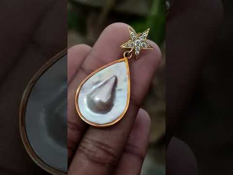 Hand Made Mabe Pearl Pendant and Matching Earrings Set with Tiny Melee Pointer Diamonds x 1 From Southern Africa