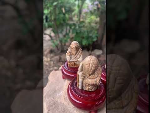 Hand-Made Vintage Picture Stone Carvings of the Far Eastern Gods on Wooden Stands - A Set of 7 - From Namibia