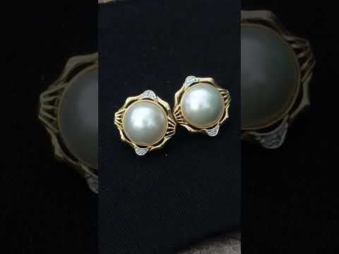 Hand Made Set of Earrings and a Ring Made From Mabe Pearls in Yellow Gold with Pave Diamonds x 1 From Japan
